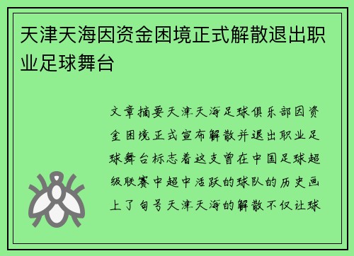 天津天海因资金困境正式解散退出职业足球舞台 天津天海因资金困境正式解散退出职业足球舞台